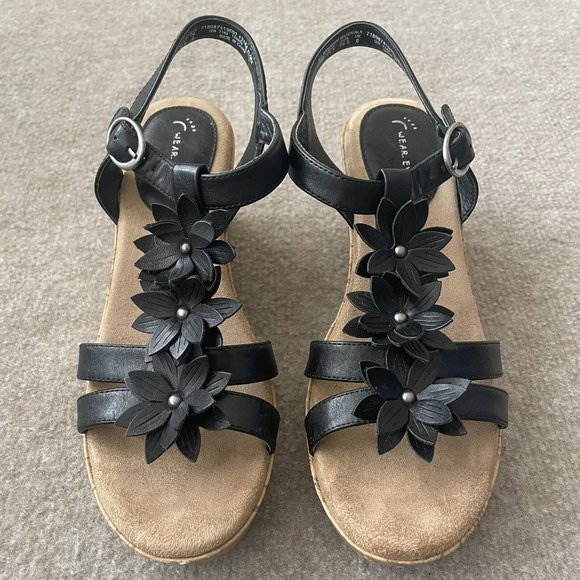 Wear Ever Sandals Womens 7.5 Black Faux Leather Floral Wedge Buckle 3" Heel - Picture 2 of 15
